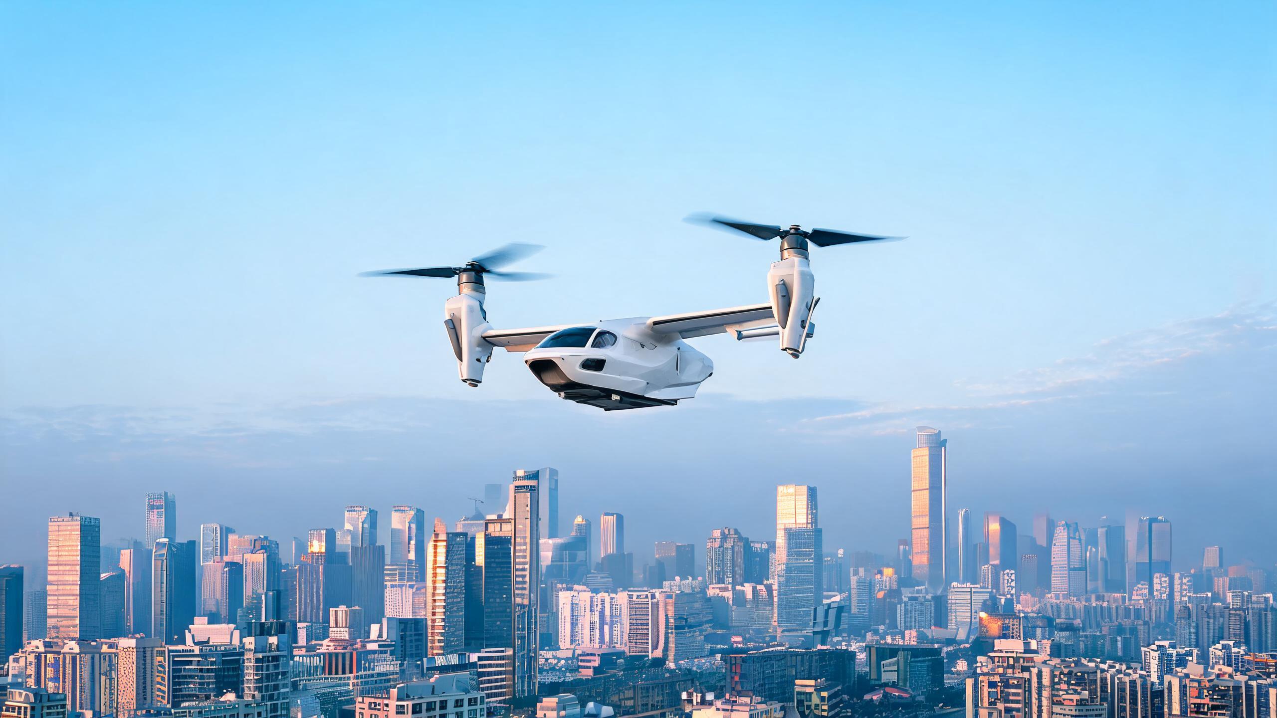 蓝霄航空增程式倾转旋翼eVTOL飞行器在城市低空飞行