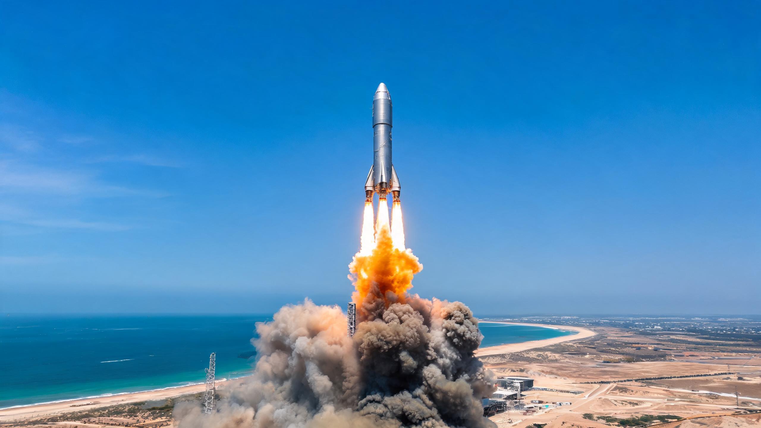 SpaceX星舰火箭在发射场点火升空执行首次地球轨道试飞任务