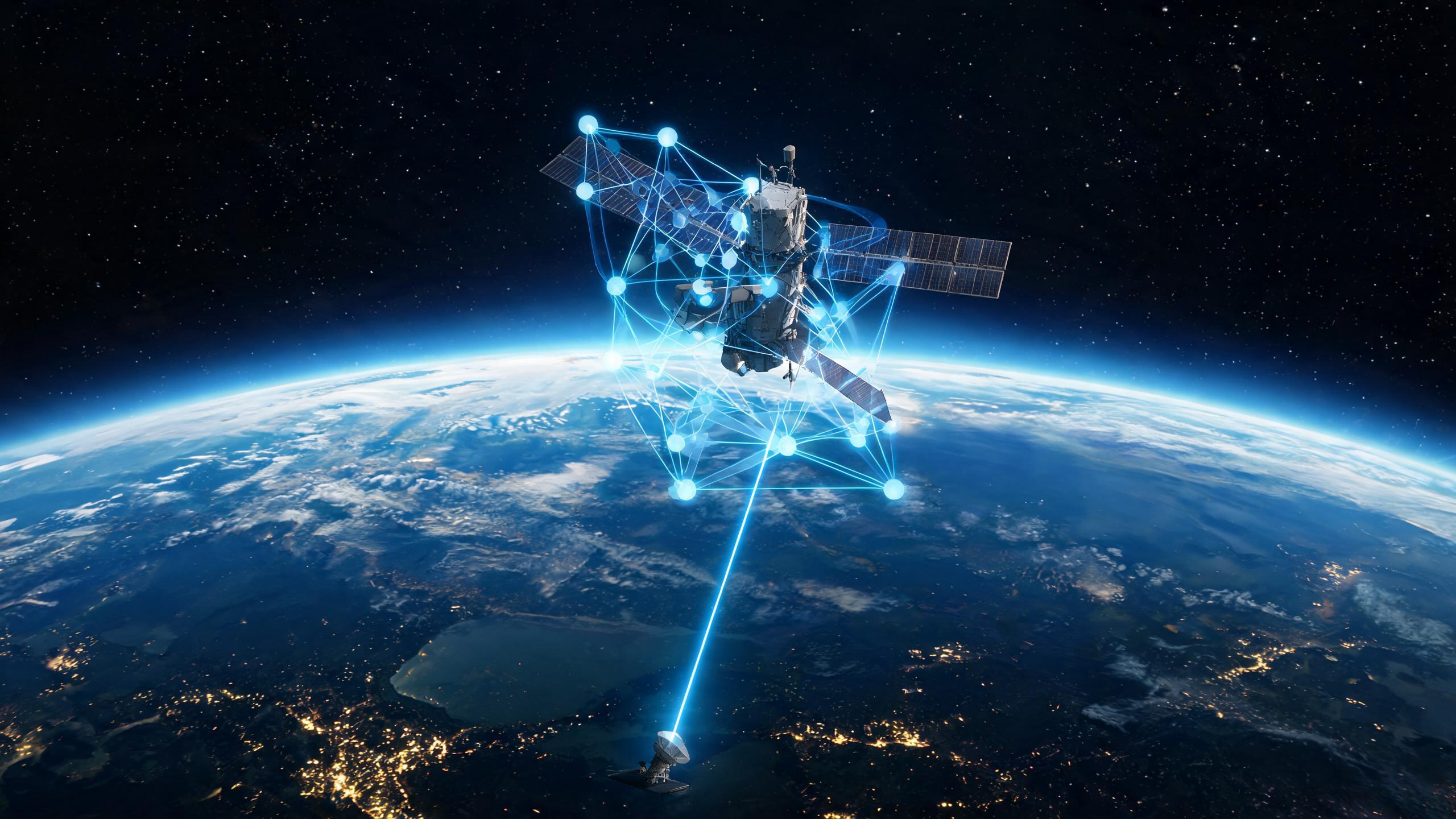 卫星AI算力+激光通信示意图——卫星与地面站通过激光链路高速传输数据